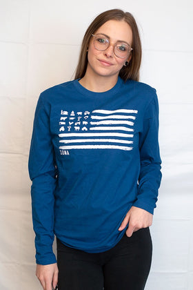 Iowa Icons Flag Long Sleeve Tee Shirt - Cool Blue