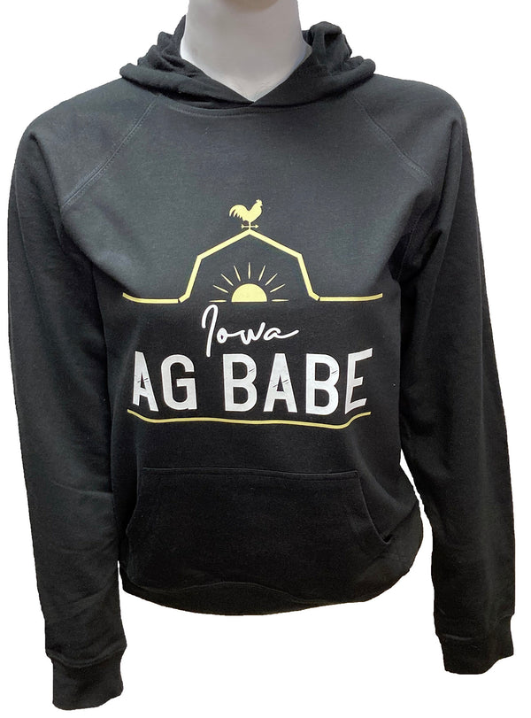 A Black hooded sweatshirt with  a clever Gold and white graphic of a barn.