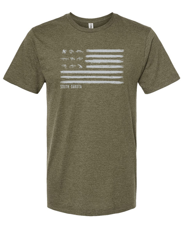 A crew neck, short sleeved unisex cut tee shirt in Olive Heather color. A light grey graphic on the shirt front is modeled after a flag with nine fish in the stars field. South Dakota is the namedrop under the stripes field.