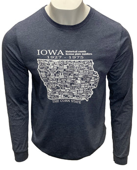 Iowa Historical Counties Long Sleeve Tee Shirt-Heather Navy