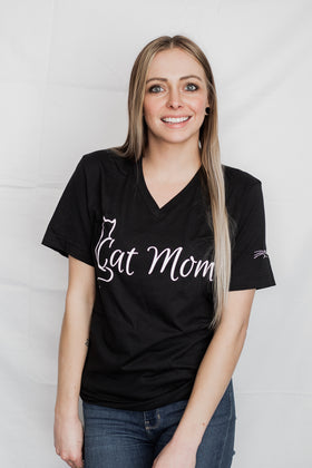 Cat Mom Short Sleeve V-neck Tee Shirt-Black