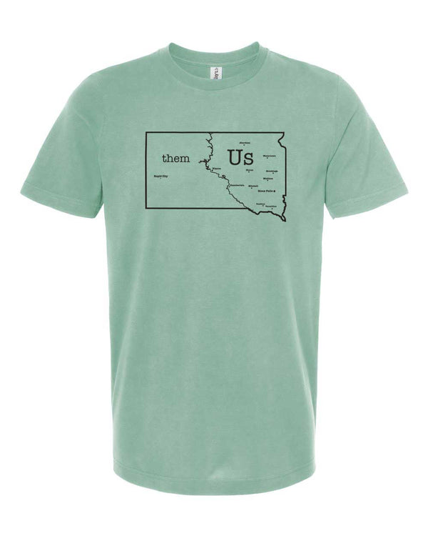 Sage Green short sleeved tee shirt with drawing of South Dakota.