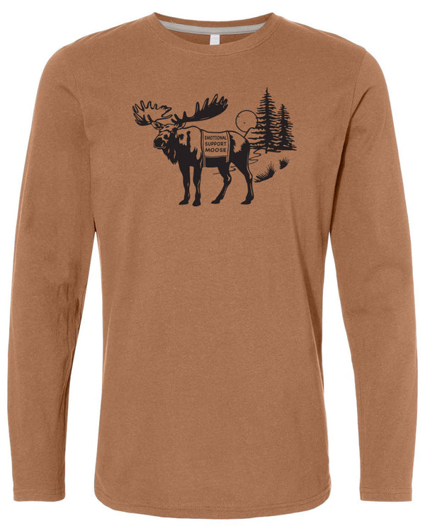 Light Brown long sleeved tee shirt with black graphic of a Moose wearing a support animal vest that reads Emotional Support Moose.
