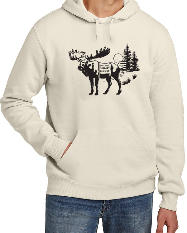 Cream colored hooded sweatshirt with black graphic of a Moose wearing a support animal vest that reads Emotional Support Moose.