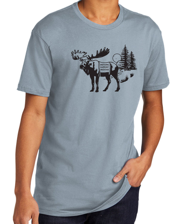 Light Blue short sleeved tee shirt with black graphic of a Moose wearing a support animal vest that reads Emotional Support Moose.
