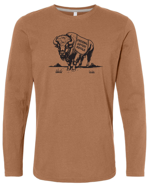 Light Brown long sleeved tee shirt with black graphic of a Buffalo wearing a support animal vest that reads Emotional Support Buffalo.