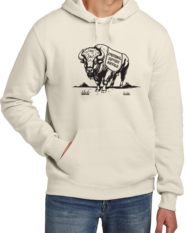 Light colored hooded sweatshirt with black graphic of a Buffalo wearing a support animal vest that reads Emotional Support Buffalo.