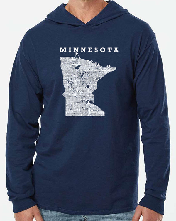 A unisex, hooded long sleeved Navy tee shirt. The front graphic, done in white shows the state of Minnesota and 95% of its cities. Scratchpad Tees original design..