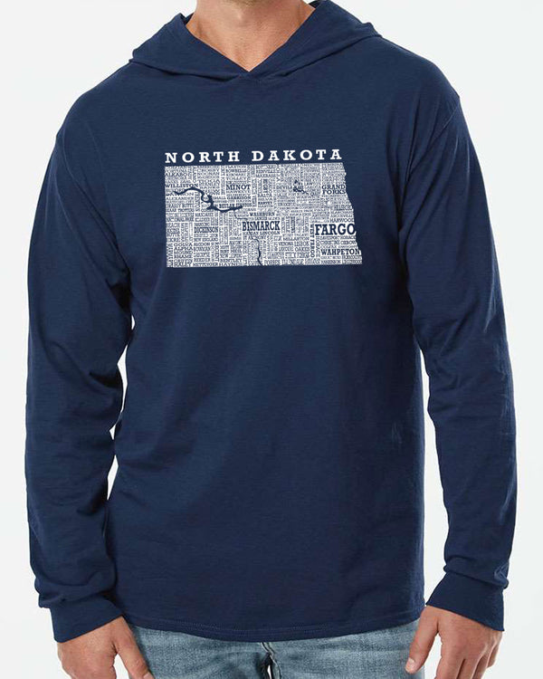 A Dark Navy hooded long sleeved tee. Front white graphic shows North Dakota and 98% of it's cities.