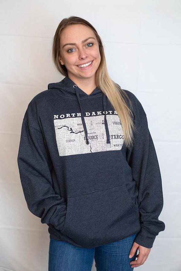 A Navy Heather hooded sweatshirt. Front graphic is Light Grey and shows North Dakota and 98% of it's cities.