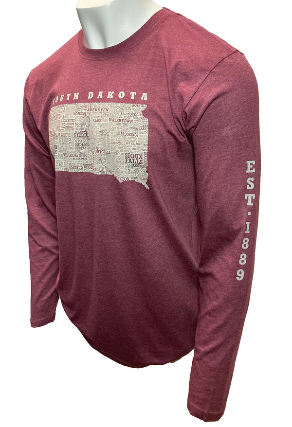 A unisex, long sleeved Vintage Burgundy tee shirt. The front light grey graphic shows South Dakota and 95% of its cities. Scratchpad Tees original design available in sizes small to 3X-Large.