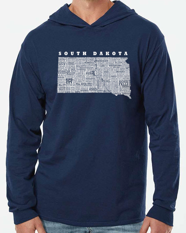 A Dark Navy hooded long sleeved tee. Front white graphic shows South Dakota and 95% of it's cities.