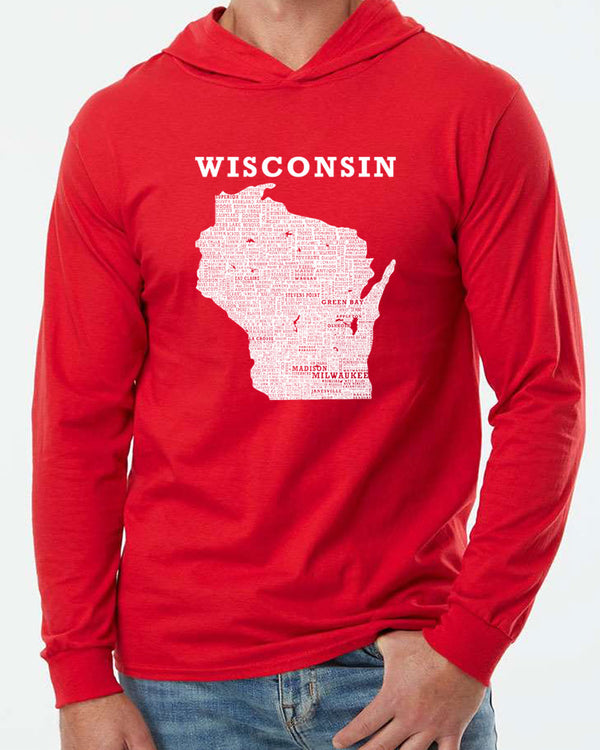 A Red hooded long sleeved tee shirt. Front white graphic shows Wisconsin and  95% of its cities. A scratchpad Tees original design.