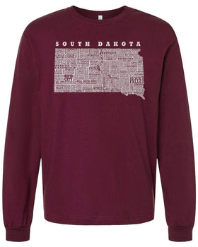 Hometown South Dakota Long Sleeved Tee Shirt-Maroon