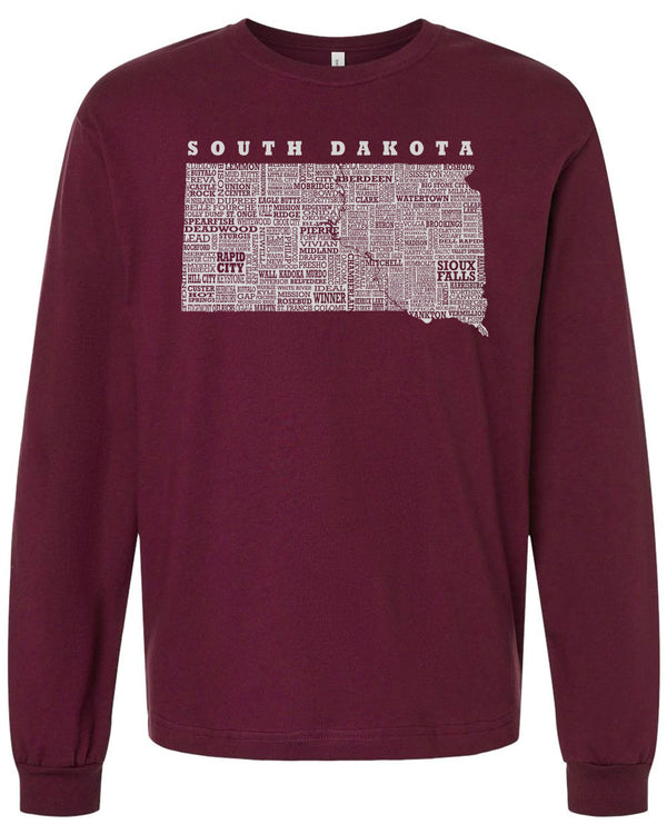 Hometown South Dakota Long Sleeved Tee Shirt-Maroon