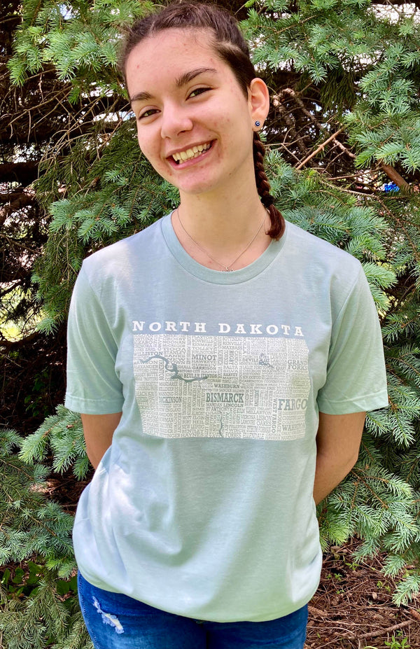Hometown North Dakota Short Sleeve Tee Shirt-Crew Neck - Heather Light Sage