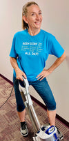 Turquoise Blue tee shirt with white graphic that lists a bunch of things Moms do.