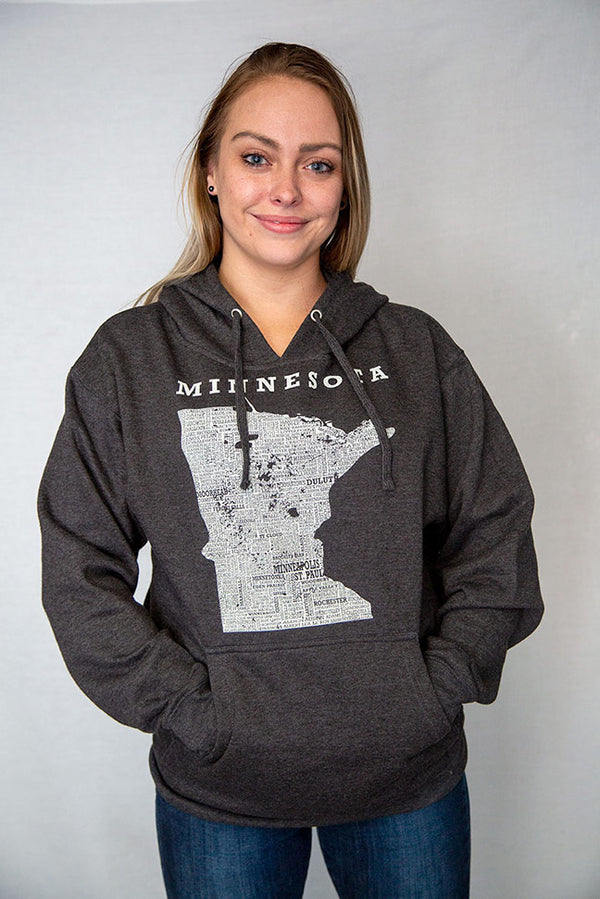 A Charcoal Heather hooded sweatshirt with a pouch front. The front graphic is the state of Minnesota and it's cities on it, Sizes small to 3X-Large. This is an original Scratchpad Tees design.