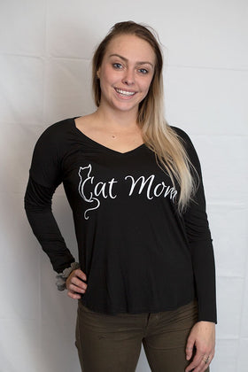Cat Mom Long Sleeved V-neck Tee Shirt-Black