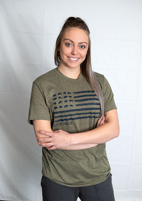 South Dakota Bison Flag Short Sleeve Tee Shirt - Heather Military Green