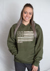 A mid-weight Army Heather colored hooded sweatshirt with pouch front. The front graphic resembles the U.S. flag with images of flying pheasants in the stars field. The words South Dakota are placed directly under the graphic.
