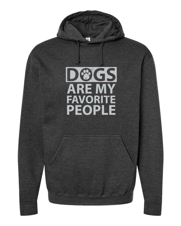 Heather Graphite hooded pouch front  sweatshirt. Front graphic in light grey reads Dogs Are My Favorite People. 