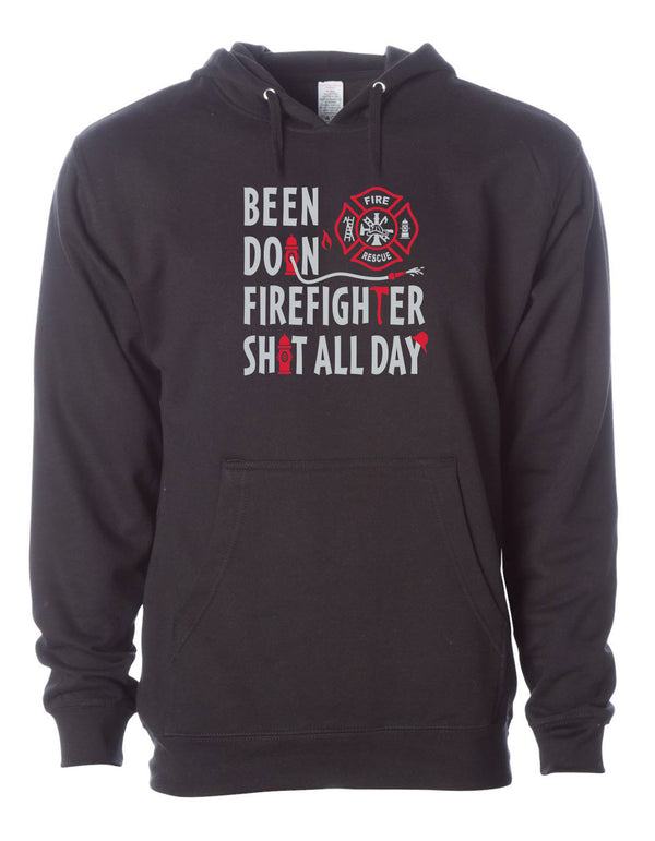 Black hooded cotton polyester pouch front sweatshirt. Has white and red graphic BEEN DOIN' FIREFIGHTER SHIT ALL DAY IMPRINTED ON FRONT. Designed by Scratchpad Tees. Sizes XS to 5XL