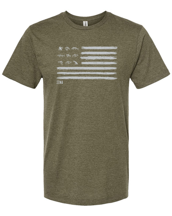 A crew neck, short sleeved unisex cut tee shirt in Olive Heather color. A light grey graphic on the shirt front  is modeled after a flag with nine fish in the stars field. IOWA is the namedrop under the stripes.