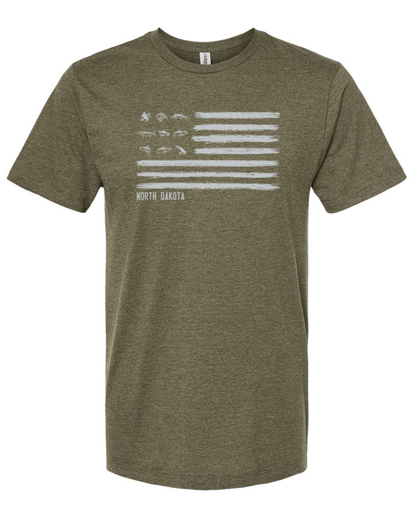A crew neck, short sleeved unisex cut tee shirt in Olive Heather color. A light grey graphic on the shirt front is modeled after a flag with nine fish in the stars field. North Dakota is the namedrop under the stripes field.