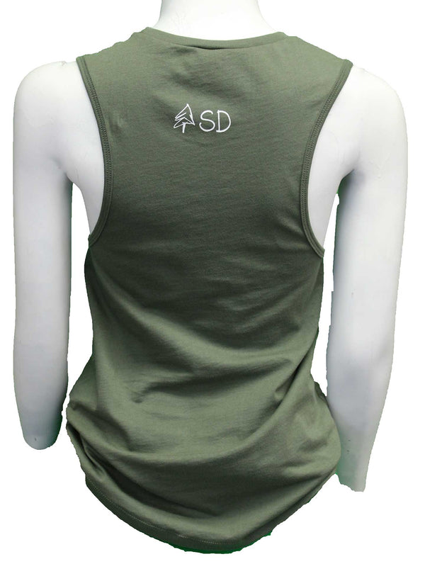 The back of the Military Green tank with state specific design feature.