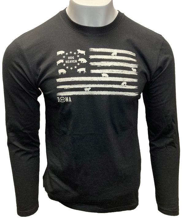 A male mannequin wearing a Black, unisex, 100 percent cotton long sleeved tee shirt. The Light Grey front flag design shows hogs in the stars field and standing on the flag stripes. Wording is Iowa Hog Heaven. Available in sizes Small to 3X-Large.