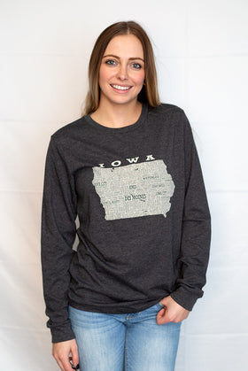 Hometown Iowa Long Sleeved Tee Shirt-Dark Grey Heather