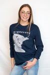 A unisex sueded Midnight Navy long sleeved tee with a graphic showing Minnesota and 95%  of it's cities.