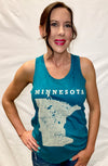 A Heather Teal colored, racerback, Tri-blend tank top with a light grey design of the state of Minnesota and its cities on the front. 