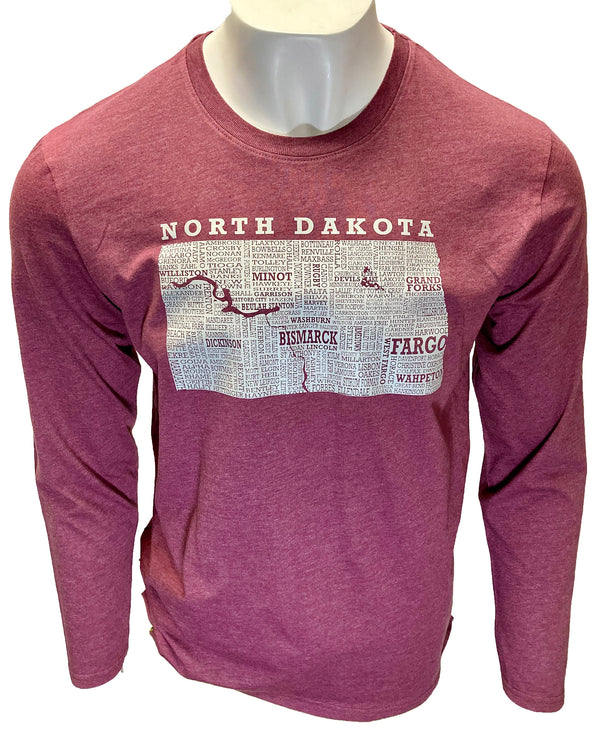 A male mannequin wearing a unisex, long sleeved Heather Burgundy , cotton polyester tee shirt. The front graphic, done in light grey is of the state of North Dakota and most of its cities. Scratchpad Tees original design available in sizes small to 3X-Large.