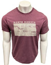 A male mannequin wearing a unisex sized, Heather Maroon crew neck, cotton polyester, short sleeve tee. Front light grey graphic is of North Dakota and its cities. Sizes small to 3X-Lagre. A Scratchpad Tees original design.