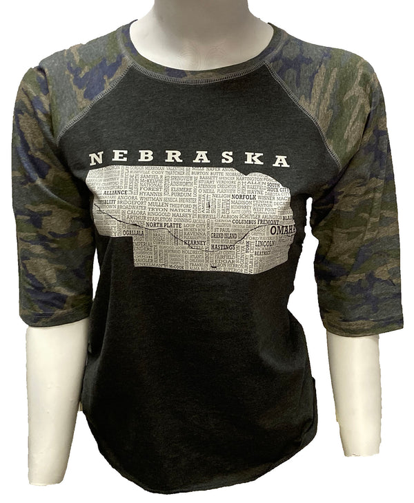 A female mannequin wearing a Dark Grey Heather, Camo sleeved unisex baseball tee with raglan sleeves. On the shirt front is a light grey graphic of the state of Nebraska and its cities. Sizes small to 3X-Large. A Scratchpad Tees original design.