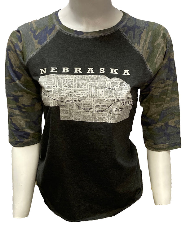 A Dark Grey Heather, Camo sleeved unisex baseball tee with raglan sleeves.  Front graphic is light grey and shows the state of Nebraska and 97% of it's cities. Sizes small to 3X-Large. A Scratchpad Tees original design.