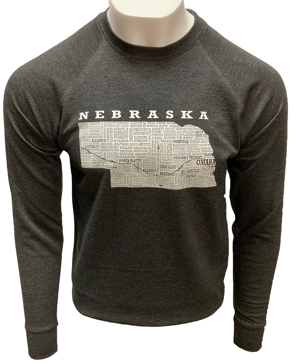 A male mannequin wearing a Charcoal heather, crew neck, loopback terry, unisex sized sweatshirt. Front light grey graphic is of the state of Nebraska and its cities. Sizes small to 3X-Large. A scratchpad Tees original design.