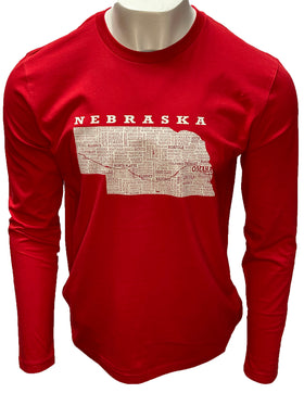 Hometown Nebraska Long Sleeved Tee Shirt-Red or Heather Navy