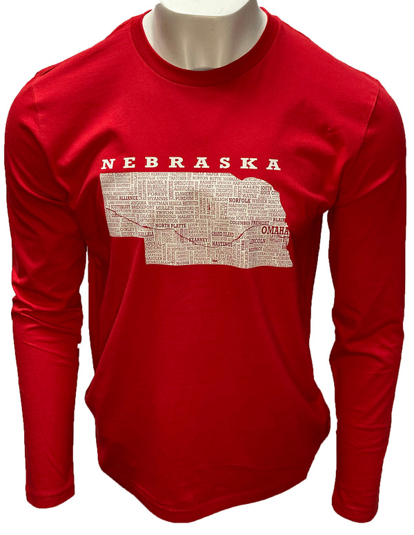 A male mannequin wearing a 100 percent cotton, red, unisex long sleeved tee shirt with a light grey graphic of Nebraska and its cities on the shirt front. Sizes available small to 3X-Large. A Scratchpad Tees original design.