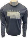 A male mannequin wearing a heather navy, cotton polyester, unisex long sleeved tee shirt with a light grey graphic of Nebraska and its cities on the shirt front. Sizes available small to 3X-Large. A Scratchpad Tees original design.