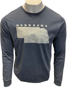 Hometown Nebraska Long Sleeved Tee Shirt-Red or Heather Navy