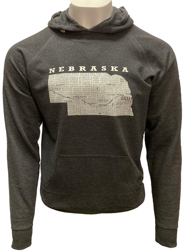 A Charcoal heather hooded sweatshirt. Front light grey graphic is of Nebraska and 97% of its cities. Sizes small to 3X-Large. A scratchpad Tees original design.