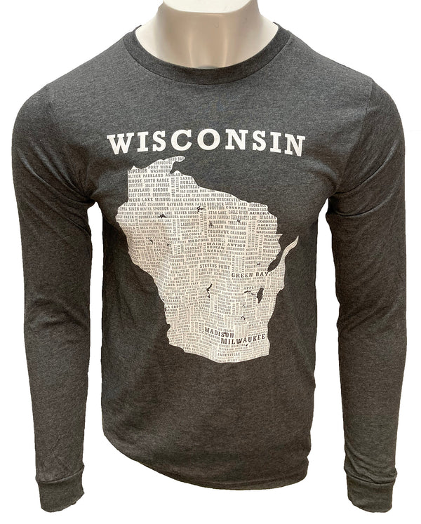 A long sleeved, Dark Grey Heather tee shirt. The light grey front graphic shows Wisconsin and 95% of its cities. Scratchpad Tees original design available in sizes small to 3X-Large.