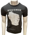 A male mannequin wearing a unisex sized, Dark Grey Heather crew neck, cotton polyester, short sleeve tee. Front light grey graphic is of Wisconsin and its cities. Sizes small to 3X-Large. A Scratchpad Tees original design.