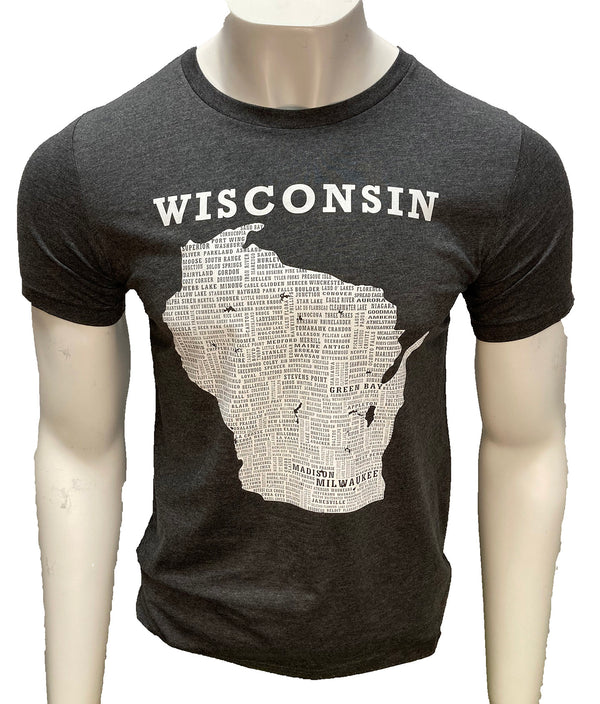 A male mannequin wearing a unisex sized, Dark Grey Heather crew neck, cotton polyester, short sleeve tee. Front light grey graphic is of Wisconsin and its cities. Sizes small to 3X-Large. A Scratchpad Tees original design.