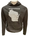 A Charcoal heather, hooded, pouch front  sweatshirt. Front light grey graphic shows Wisconsin and 95% of it's cities. Sizes small to 3X-Large. A scratchpad Tees original design.