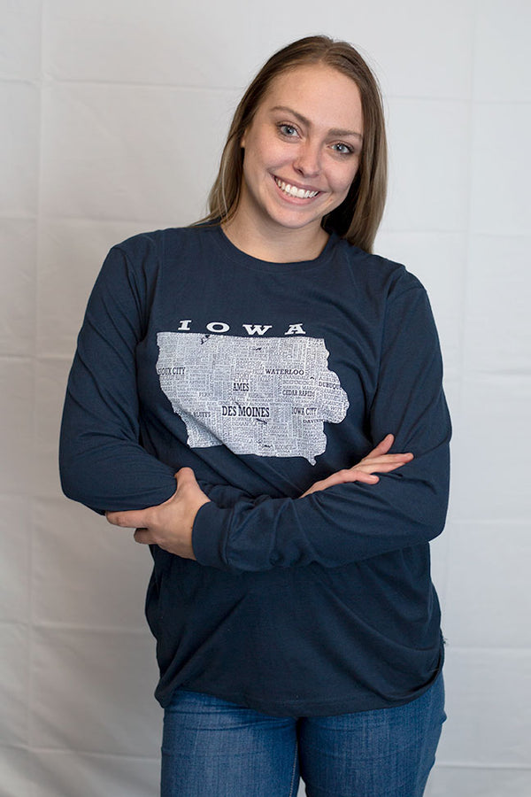 A Midnight Navy sueded long sleeved tee with a white graphic of the state of Iowa and  it's cities  on it. Original Scratchpad Tees design.