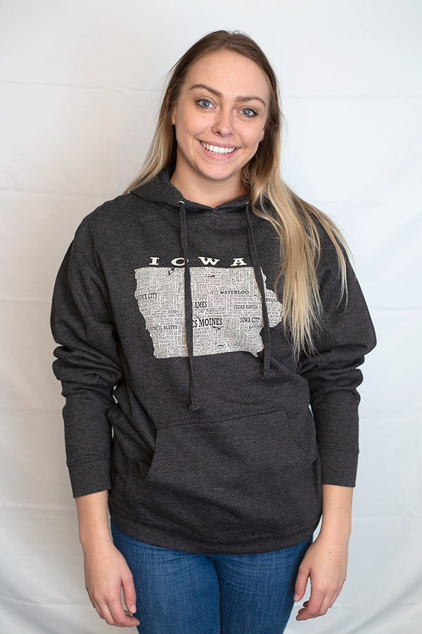 A Scratchpad Tees original design. Mid-weight Charcoal hooded sweatshirt with front pouch and graphic of Iowa  and it's cities on it.